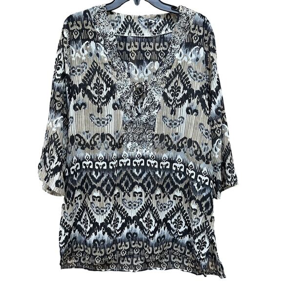Raviya Tunic Dress Womens Large Black Beige Boho Ikat Print 3/4 Sleeve Sheer - Picture 1 of 9